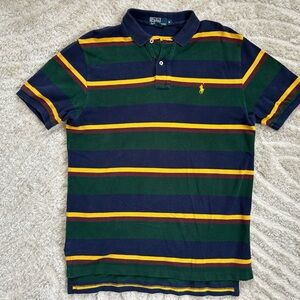 Polo by Ralph Lauren Men's Polo Shirt - Navy, Green, Yellow and Burgundy Stripes
